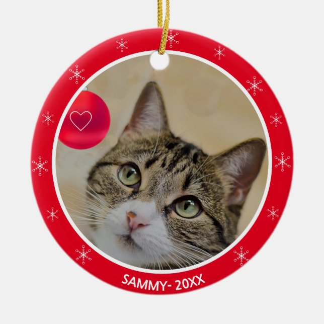 Tabby Cat Foto und Schneeflocken Keramik Ornament (Vorne)