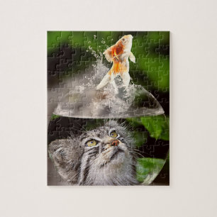 Tabby Cat Head in Bowl sieht wie Goldfish Leaps au