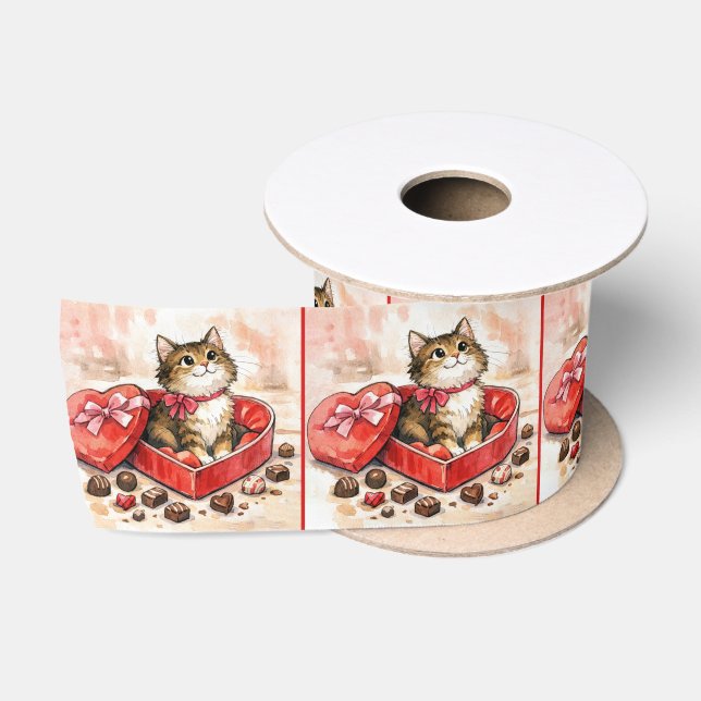 Tabby Cat In a Valentine Heart Candy Box Satinband (Spule)