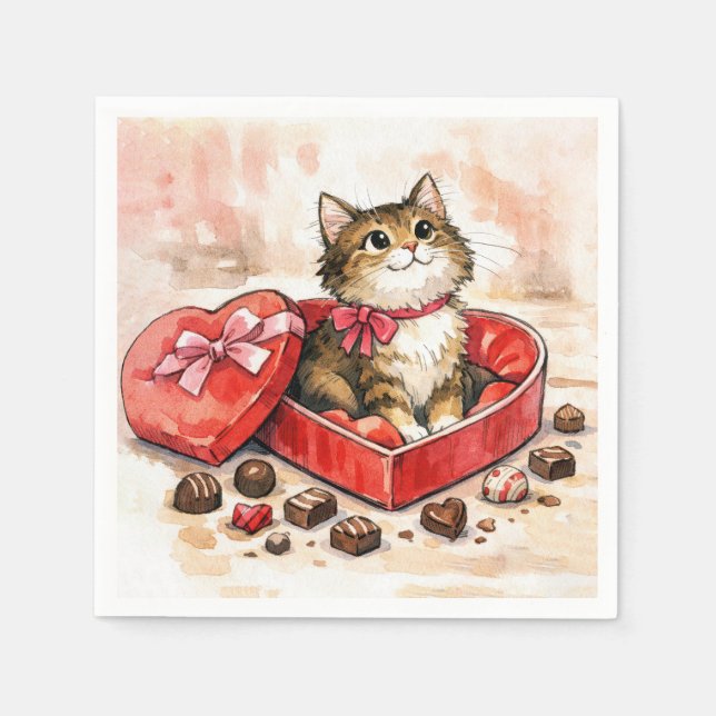 Tabby Cat In a Valentine Heart Candy Box Serviette (Vorderseite)