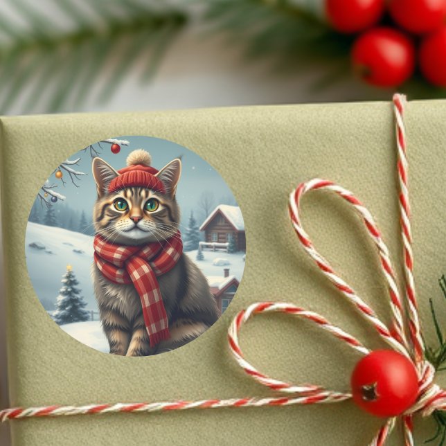 Tabby Cat in Preppy Winter Attraktion und Hat Wint Runder Aufkleber (Von Creator hochgeladen)