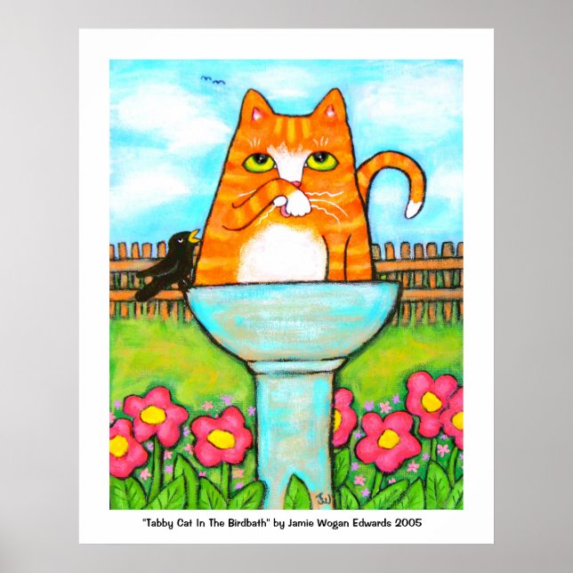 Tabby Cat In The Birdbath Poster (Vorne)