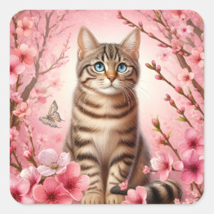 Tabby Cat Japanese Cherry Blossom Blume Kitten Quadratischer Aufkleber