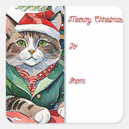 Tabby Cat Meowy Weihnachtsgeschenk-Tag Quadratischer Aufkleber