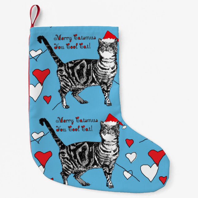 Tabby Cat Merry Blue Red Christmas Strumpf Kleiner Weihnachtsstrumpf (Vorderseite)