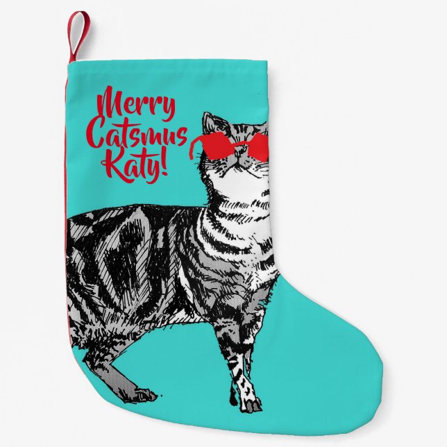 Tabby Cat Merry Catsmus Aqua Christmas Strumpf Kleiner Weihnachtsstrumpf (Vorderseite)