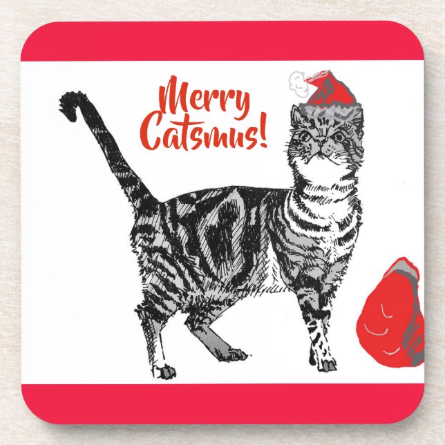 Tabby Cat Merry Catsmus Red Christmas Getränkeuntersetzer (Vorderseite)