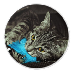 Tabby Cat mit Feather von Shirley Taylor Keramikknauf