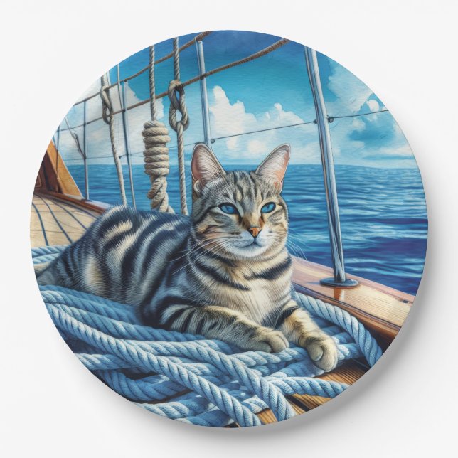 Tabby Cat On Boat Ropes Pappteller (Vorderseite)