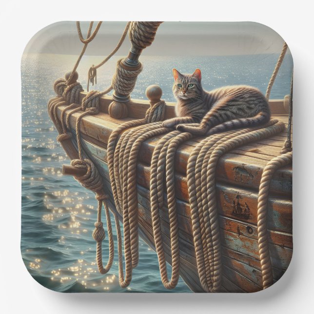 Tabby Cat On Nautical Ropes Pappteller (Vorderseite)