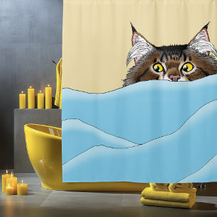 Tabby Cat Peeking Blue Funny Duschvorhang
