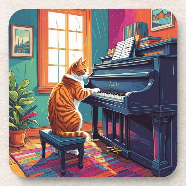 Tabby Cat Piano Getränkeuntersetzer (Vorderseite)
