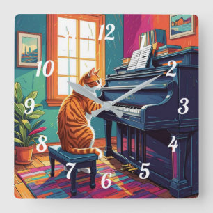 Tabby Cat Piano Quadratische Wanduhr