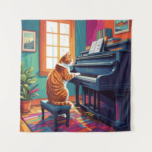 Tabby Cat Piano Wandteppich (Vorderseite)