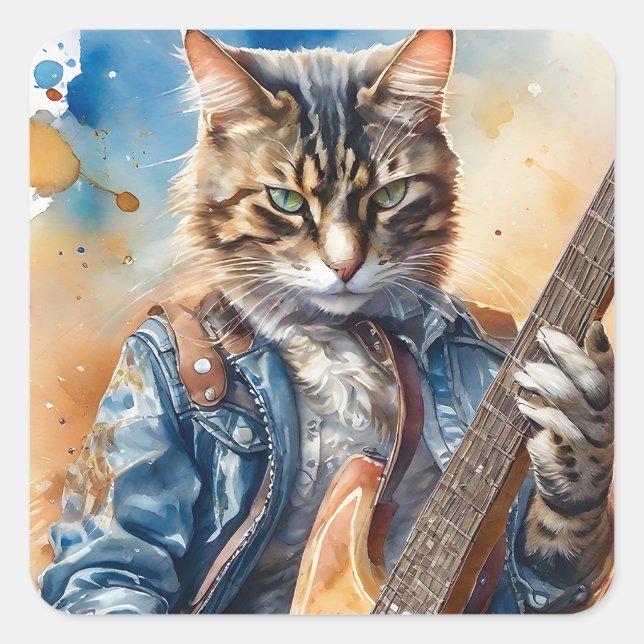 Tabby Cat Rock Star Gitarre spielen Quadratischer Aufkleber (Vorderseite)