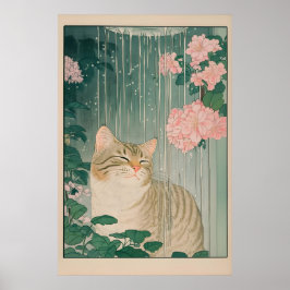 Tabby Cat Shower Print Ukiyo-e Botanical Bathroom Poster