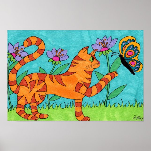 Tabby Cat und Butterfly Folklorekunst Poster (Vorne)