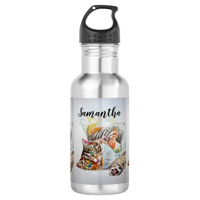 Tabby Cat Wasserfarbe Kunst Katzen Wasser Flasche Edelstahlflasche (Vorderseite)