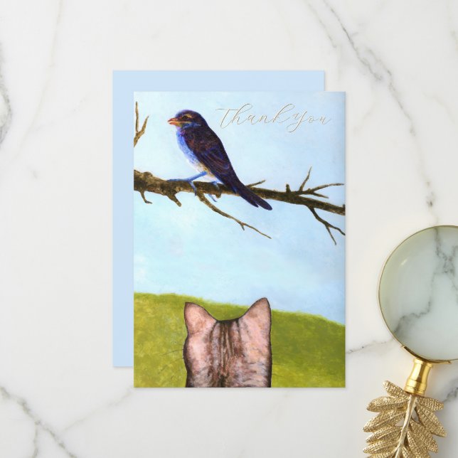 Tabby Cats Talk to Birds Thank You Card Dankeskarte (Vorderseite/Rückseite Beispiel)