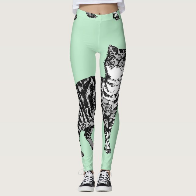 Tabby Chat Cool Animal Black & Mint Green Leggings (Devant)
