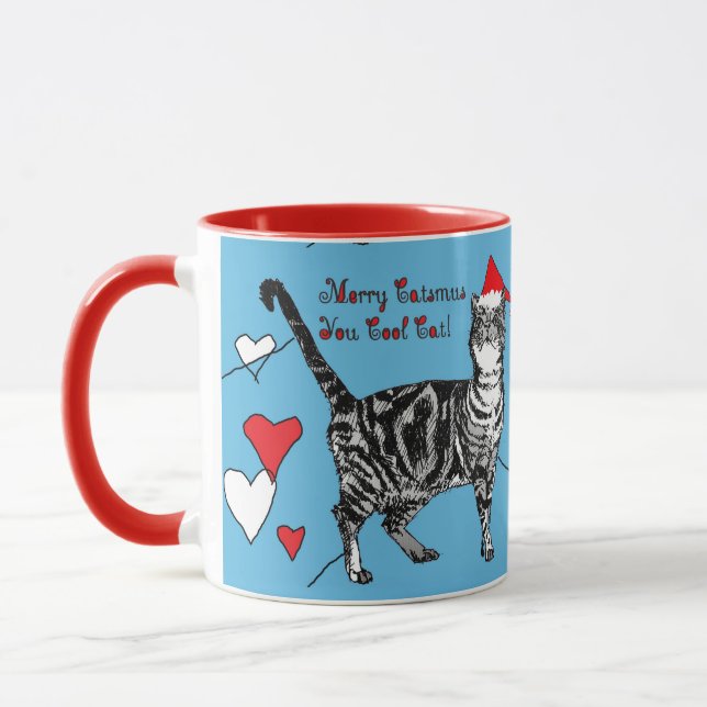 Tabby Chat Merry Bleu Rouge Coeurs de Noël Mug (Gauche)