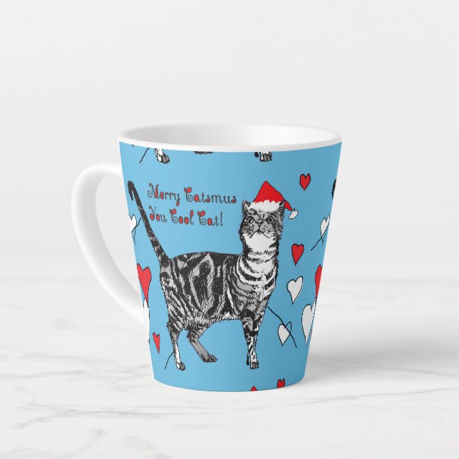 Tabby Chat Merry Blue Coeurs de Noël Latte Mug (Angle gauche)