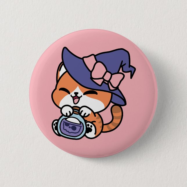 Tabby Hexenbrauen – Süßes Halloween-Katzendesign Button (Vorderseite)