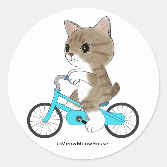 Tabby Katze fährt Fahrrad. Runder Aufkleber (Vorderseite)