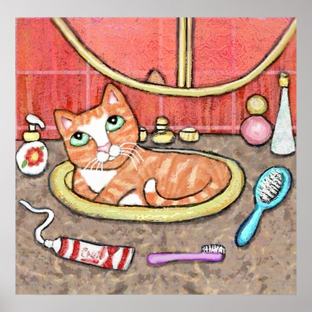 Tabby Katze im Badezimmer Poster (Vorne)
