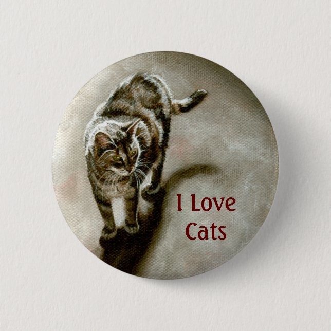 Tabby-Katze mit Schatten, i-Liebe-Katzen Button (Vorderseite)