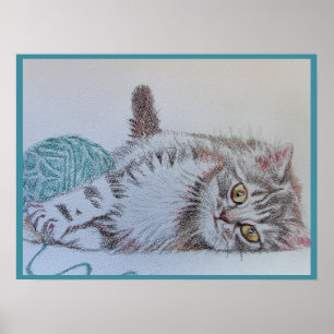 Tabby-Katze Niedlich Lustige Fröhliche Katzen Teal Poster