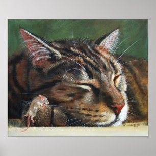Tabby Katze schlafend winzige Maus Poster