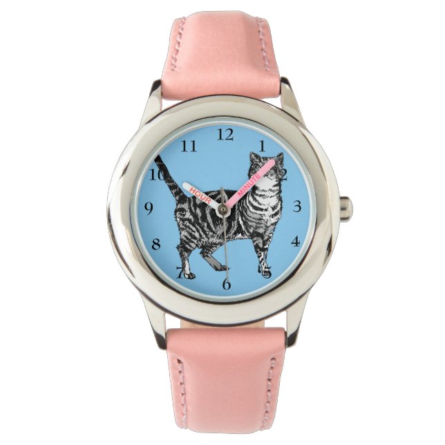 Tabby Katze Schwarz-weiß Katzen Niedlich Pink Blue Armbanduhr (Vorderseite)