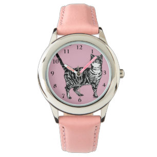Tabby Katze Schwarz-weiß Katzen Niedlich Pink Girl Armbanduhr