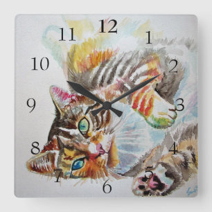 Tabby Katzen Niedliche Aquarellmalerei Quadratische Wanduhr