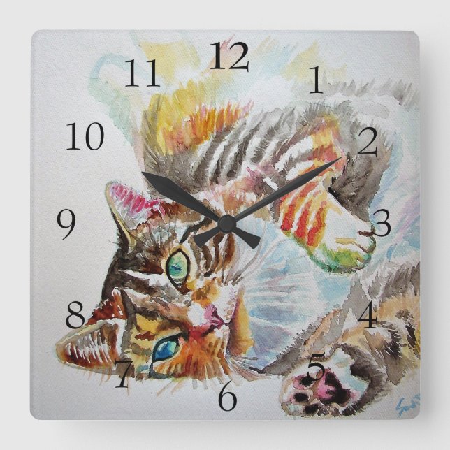 Tabby Katzen Niedliche Aquarellmalerei Quadratische Wanduhr (Vorderseite)
