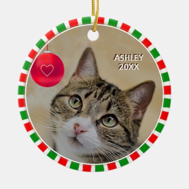 Tabby-Katzenrahmen, Foto und Rot Keramik Ornament (Vorne)