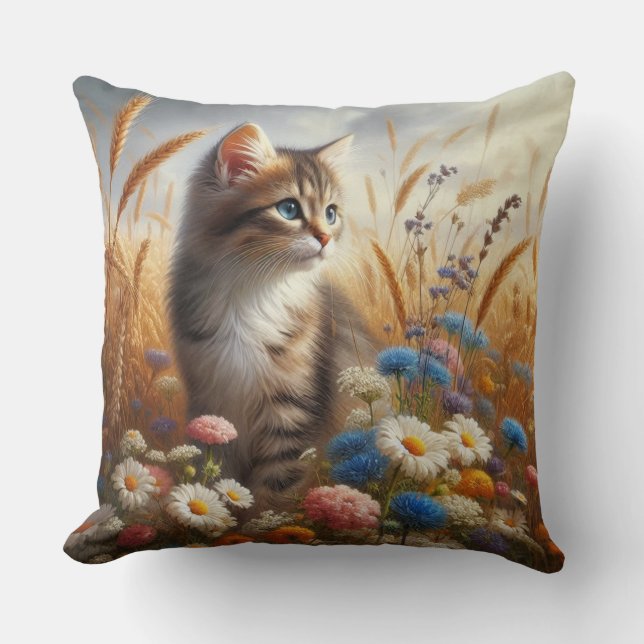 Tabby Kitten Cat Lover Floral 20x20 Baumwolle Kissen (Vorderseite)
