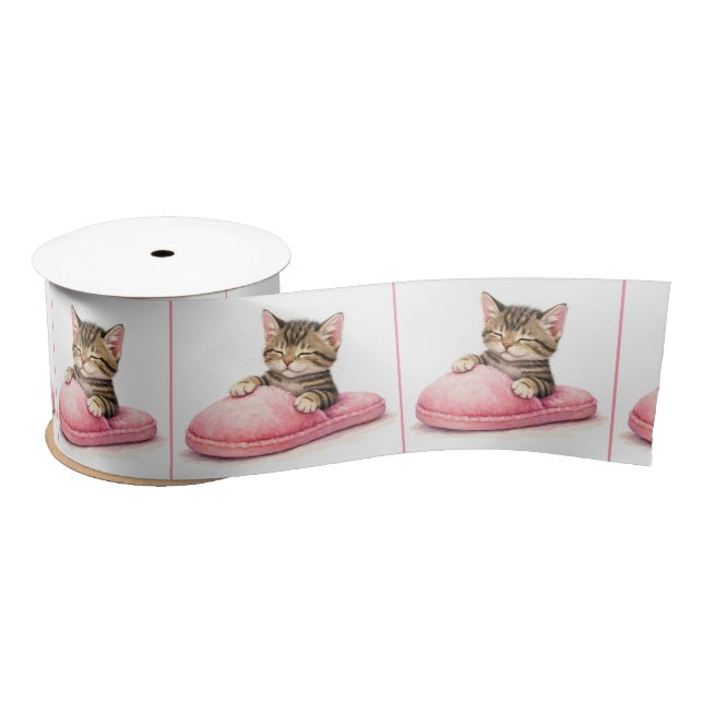 Tabby Kitten Sleeping in a Pink Slipper Satinband (Spule)