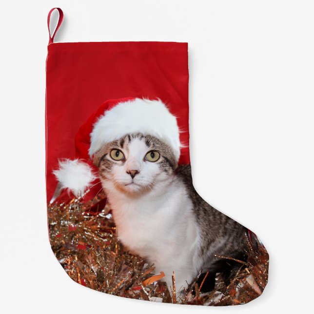 Tabby Kitty in der Weihnachtsmannmütze Kleiner Weihnachtsstrumpf (Vorderseite)