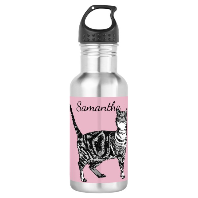 Tabby Noir Chat Chats Bouteille d'eau rose (Devant)