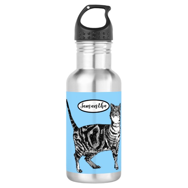 Tabby noir et blanc Chat Chats Bouteille d'eau ble (Devant)