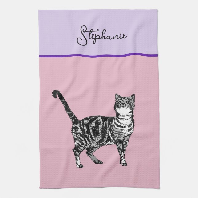 Tabby Pastell Katzen Frauen Hellrosa Lavander Geschirrtuch (Vertikal)