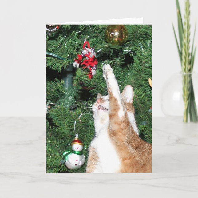 Tabby und Weihnachtsbaum Feiertagskarte (Vorderseite)