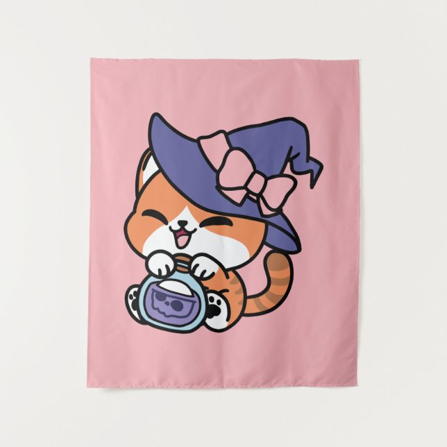 Tabby Witch Brew - Niedliches Halloween Cat Design Wandteppich (Vorderseite)