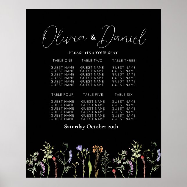 Tabelle 6 Sitzplan Hochzeiten Wildblumen dunkel Poster (Vorne)