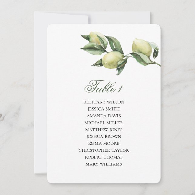 Tabelle der Olivensitze. Italienischer Hochzeitspl Einladung (Vorderseite)