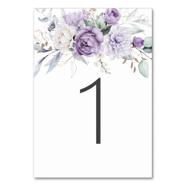 Tabelle Eins Wasserfarben Lila Blumenhochzeit Tischnummer (Vorderseite)