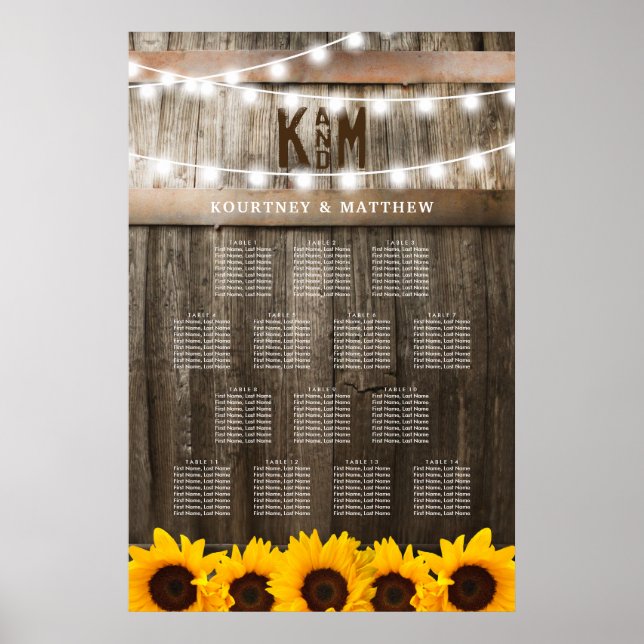 Tabelle für die Hochzeitssitze der rustikalen Sonn Poster (Vorne)