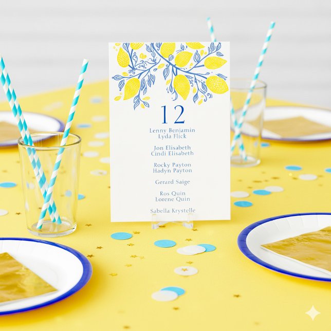Tabelle mit blauen und gelben Zitronen Einladung (Bright and colorful, yellow lemons, blue vines table number name chart card.)